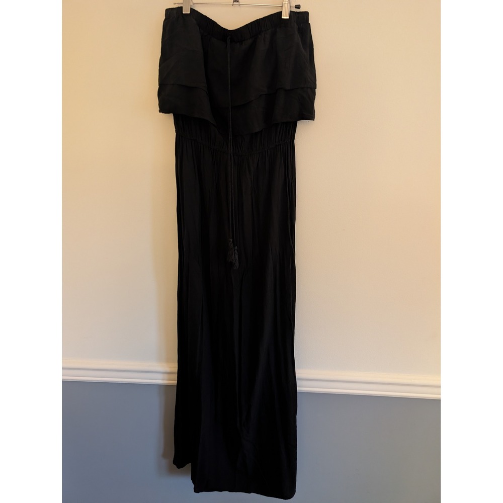 Motivi Black Strapless Ruffle Maxi Dress Smocked Waist Tassel Drawstring Large